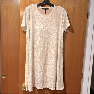 Geometric lace dress in nude and white cream, by BCBGMAXAZRIA
